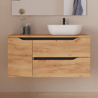 Meuble de salle de bain 100cm avec plateau, vasque à poser déportée à droite Zeus et miroir - 2 tiroirs et un placard - ZARZA