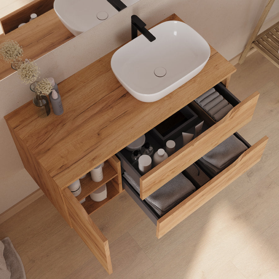 Meuble de salle de bain 100cm avec plateau, vasque à poser déportée à droite Zeus et miroir - 2 tiroirs et un placard - ZARZA