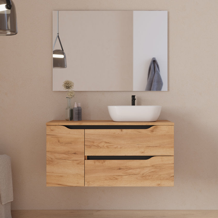 Meuble de salle de bain 100cm avec plateau, vasque à poser déportée à droite Zeus et miroir - 2 tiroirs et un placard - ZARZA