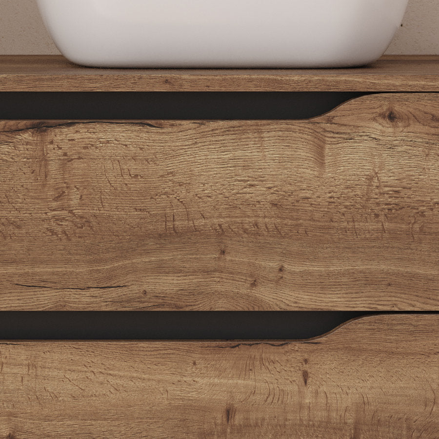 Meuble de salle de bain 100cm avec plateau, vasque à poser déportée à droite Zeus et miroir - 2 tiroirs et un placard - ZARZA