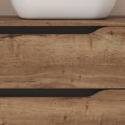 Meuble de salle de bain 100cm avec plateau, vasque à poser déportée à droite Zeus et miroir - 2 tiroirs et un placard - ZARZA