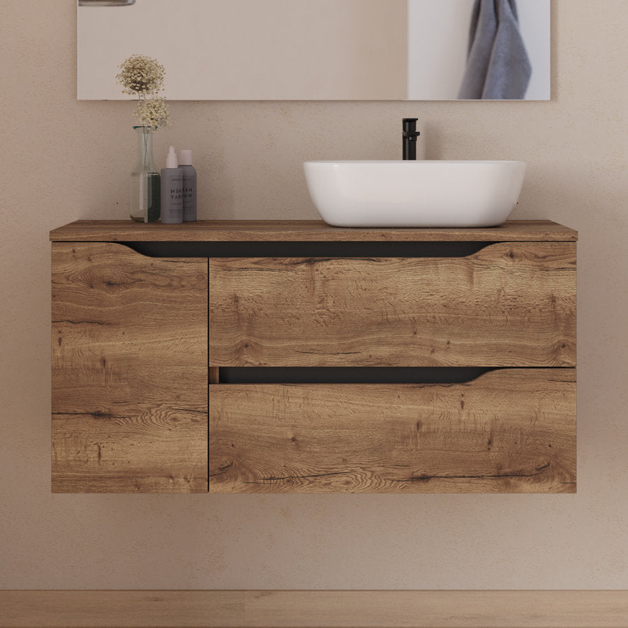 Meuble de salle de bain 100cm avec plateau, vasque à poser déportée à droite Zeus et miroir - 2 tiroirs et un placard - ZARZA