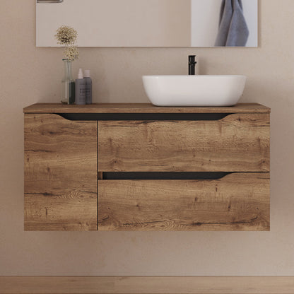 Meuble de salle de bain 100cm avec plateau, vasque à poser déportée à droite Zeus et miroir - 2 tiroirs et un placard - ZARZA