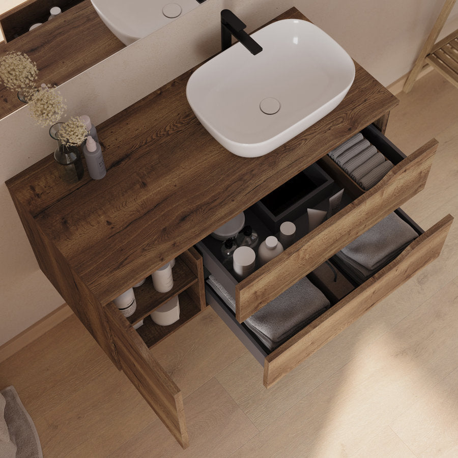 Meuble de salle de bain 100cm avec plateau, vasque à poser déportée à droite Zeus et miroir - 2 tiroirs et un placard - ZARZA
