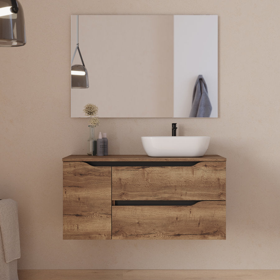 Meuble de salle de bain 100cm avec plateau, vasque à poser déportée à droite Zeus et miroir - 2 tiroirs et un placard - ZARZA