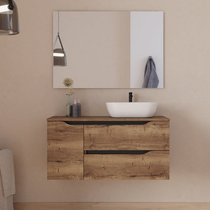 Meuble de salle de bain 100cm avec plateau, vasque à poser déportée à droite Zeus et miroir - 2 tiroirs et un placard - ZARZA