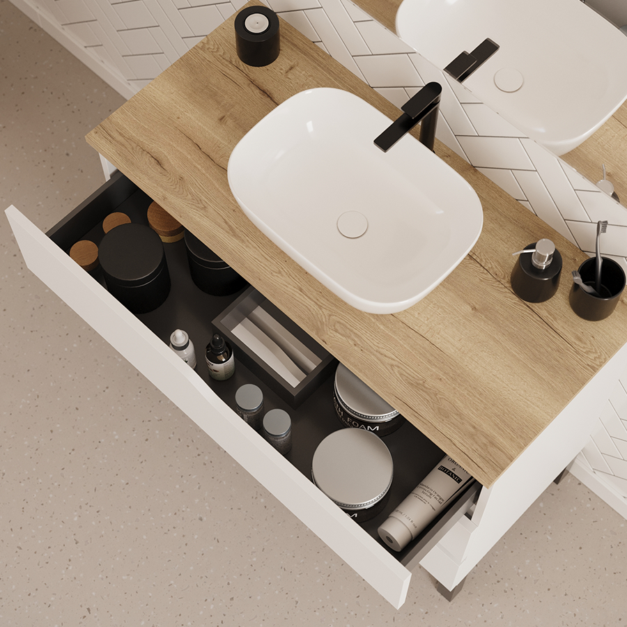 Meuble de salle de bain 100cm avec plateau et vasque à poser zeus - 3 tiroirs - MATA