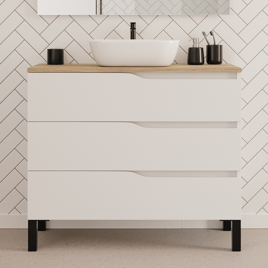 Meuble de salle de bain 100cm avec plateau et vasque à poser zeus - 3 tiroirs - MATA