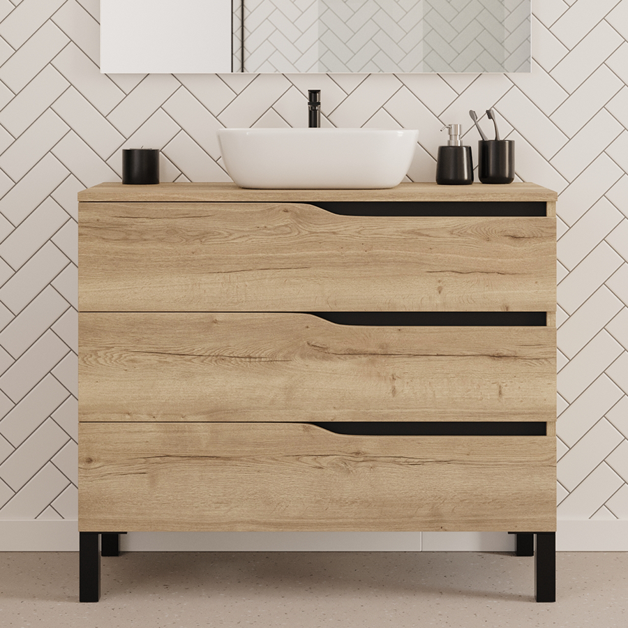 Meuble de salle de bain 100cm avec plateau et vasque à poser zeus - 3 tiroirs - MATA
