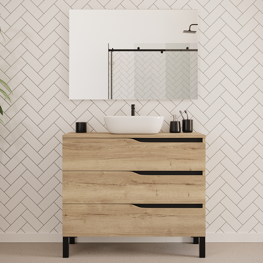 Meuble de salle de bain 100cm avec plateau et vasque à poser zeus - 3 tiroirs - MATA