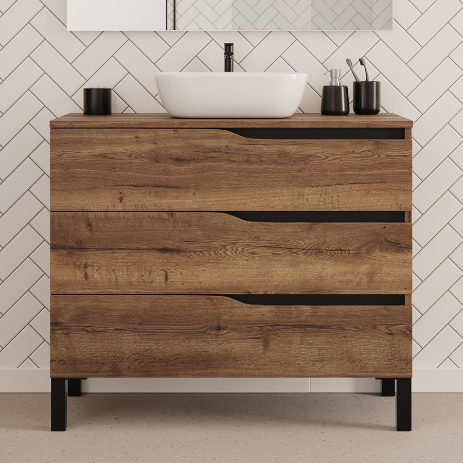 Meuble de salle de bain 100cm avec plateau et vasque à poser zeus - 3 tiroirs - MATA