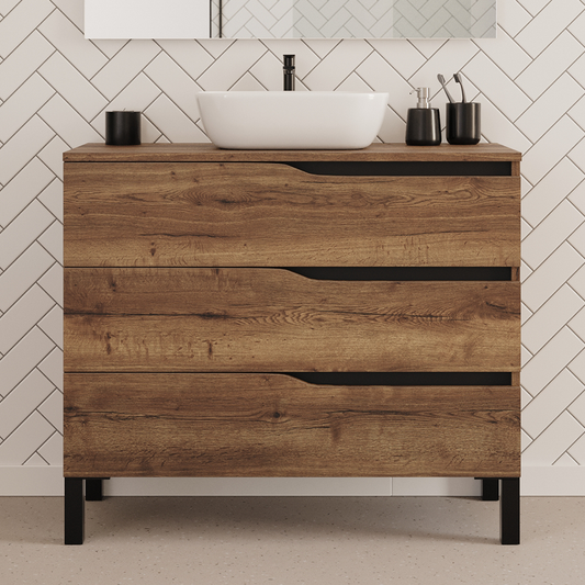 Meuble de salle de bain 100cm avec plateau et vasque à poser zeus - sans miroir - 3 tiroirs - MATA